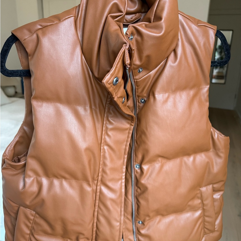 Women's Tan Puffer Vest faux leather